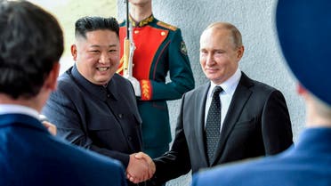Russia's President Vladimir Putin meets with North Korea's leader Kim Jong Un at the Vostochny Сosmodrome in the far eastern Amur region, Russia, September 13, 2023. Sputnik/Vladimir Smirnov/Pool via REUTERS ATTENTION EDITORS - THIS IMAGE WAS PROVIDED BY A THIRD PARTY. THIS PICTURE WAS PROCESSED BY REUTERS TO ENHANCE QUALITY. AN UNPROCESSED VERSION HAS BEEN PROVIDED SEPARATELY.