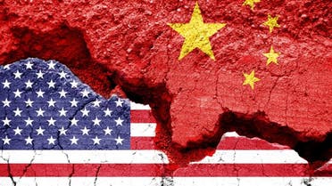 Flag of USA and China on a cracked background. Concept of crisis between two nations, Washington and Beijing stock photo
