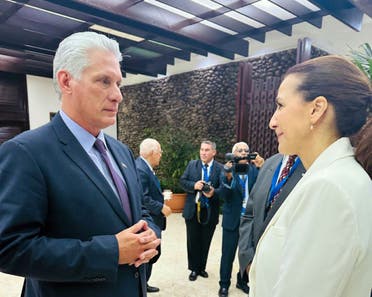UAE Minister of Climate Change and the Environment Mariam bint Mohammed Almheiri with the Cuban President Miguel Díaz-Canel at the G77+China Summit, held in Cuba on September 2023. (WAM)