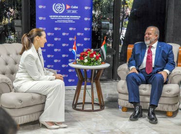 UAE Minister of Climate Change and the Environment Mariam bint Mohammed Almheiri with H.E. Manuel Marrero Cruz, the Prime Minister of Cuba at the G77+China Summit, held in Cuba on September 2023. (WAM)