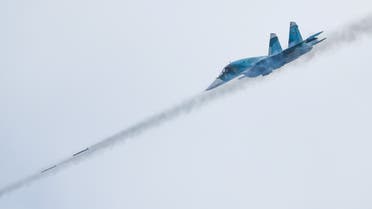 A Russian Sukhoi Su-34 fighter-bomber fires missiles during the Aviadarts competition, as part of the International Army Games 2021, at the Dubrovichi range outside Ryazan, Russia August 27, 2021. (Reuters)