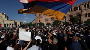 Protesters gather near the government building, after Azerbaijan launched a military operation in the region of Nagorno-Karabakh, in Yerevan, Armenia, September 19, 2023. (Reuters)