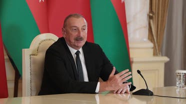 Azeri President Ilham Aliyev attends a joint press conference with his Turkish counterpart following their talks in Baku on June 13, 2023. (Azerbaijani presidency via AFP)