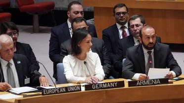 European Union High Representative Josep Borrell (L) looks on as Armenian Foreign Minister Ararat Mirzoyan speaks during a United Nations Security Council meeting on Nagorno-Karabakh, at UN headquarters in New York City on September 21, 2023.