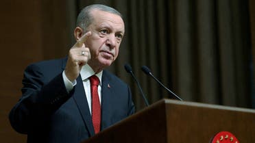 Turkey’s President Recep Tayyip Erdogan presents medium-term economic program forecasts in Ankara, Turkey, September 6, 2023. (Handout via Reuters)