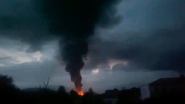 This grab taken from video distributed by Siranush Sargsyan's Twitter account on Monday, Sept. 25, 2023, shows smoke rising after a fuel depot explosion near Stepanakert, Nagorno-Karabakh. (AP)