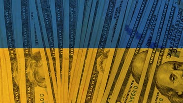 Ukrainian national flag on foreground and US one hundred dollars paper currency on background. ukraine investment concept stock photo