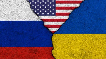 USA, Russia and Ukraine conflict concept. Flags on cracked wall background. Stop the war image stock photo