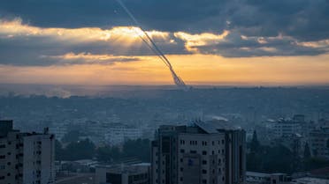 Rockets are fired toward Israel from the Gaza Strip, Saturday, Oct. 7, 2023. The rockets were fired as Hamas announced a new operation against Israel. (AP Photo/Fatima Shbair)