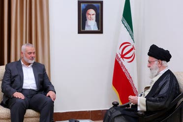 Iran’s Supreme Leader Ali Khamenei meets with Palestinian group Hamas’ top leader, Ismail Haniyeh, in Tehran, Iran, June 21, 2023. (West Asia News Agency via Reuters)