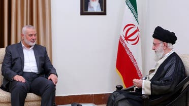 Iran’s Supreme Leader Ali Khamenei meets with Palestinian group Hamas’ top leader, Ismail Haniyeh, in Tehran, Iran, June 21, 2023. (West Asia News Agency via Reuters)