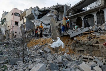 A dove flies over the debris of houses destroyed in Israeli strikes, in Khan Younis in the southern Gaza Strip October 11, 2023. (Reuters)