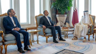Qatar’s Emir Sheikh Tamim bin Hamad al-Thani meets Iran’s Foreign Minister Hossein Amir-Abdollahian in Doha, Qatar, October 15, 2023. (Amiri Diwan via Reuters)