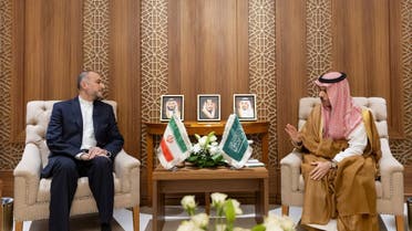 Saudi Arabia’s Foreign Minister Prince Faisal bin Farhan meets with his Iranian counterpart Hossein Amir-Abdollahian in Jeddah, Saudi Arabia, on October 18, 2023. (X/@KSAMOFA)
