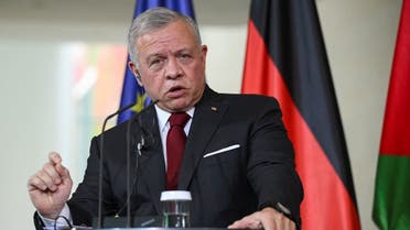 Jordan's King Abdullah II addresses a press conference, after a dialogue with German Chancellor Olaf Scholz, at the Chancellery in Berlin, Germany, October 17, 2023. (Reuters)