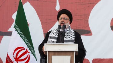 Iranian President Ebrahim Raisi speaks during an anti-Israel protest in Tehran, Iran, October 18, 2023. (West Asia News Agency via Reuters)