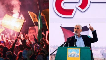 In this combo image, a portrait of Hamas military chief Mohammed Deif (left) is shown during a rally in Beirut early on October 18, 2023, to protest the Israeli siege in Gaza. On the right frame, Yahia al-Sinwar addresses supporters during a rally in Gaza City on April 14, 2023. (AFP file photos)