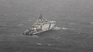 The picture provided by The Finnish Border Guard shows Finnish Border Guard’s offshore patrol vessel Turva guarding on October 11, 2023 at sea near the place where damaged Balticconnector gas pipeline is pinpointed at the Gulf of Finland. (Reuters)