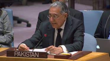 Pakistan’s Permanent Representative to the United Nations Ambassador Munir Akram speaks during the High-Level Debate of the UN Security Council on the situation in the Middle East at the United Nations headquarters in New York City, USA, on October 24, 2023. (Photo courtesy: Pakistan Mission to the United Nations NewYork/YouTube)
