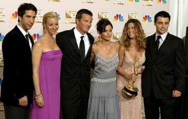 The cast of “Friends” appears in the photo room at the 54th annual Emmy Awards in Los Angeles on September 22, 2002. From the left are David Schwimmer, Lisa Kudrow, Mat-thew Perry, Courteney Cox Arquette, Jennifer Aniston and Matt LeBlanc. (Reuters)