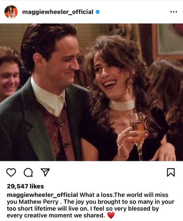 American actor Maggie Wheeler who played Matthew Perry's on-again, off-again girlfriend on the hit show Friends pays tribute to Perry. (Instagram)