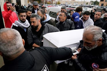 Family members of Wadea Al Fayoume bring his casket into Mosque Foundation in Bridgeview, Ill., Monday, Oct. 16, 2023. (AP)