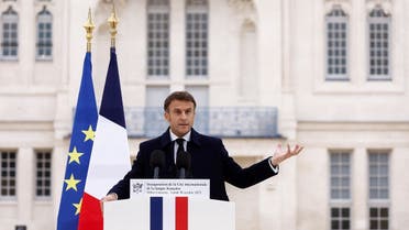 French President Emmanuel Macron gestures as he delivers a speech during the inauguration of the Cite internationale de la langue francaise, a cultural and living place dedicated to the French language and French-speaking cultures, in the castle of Villers-Cotterets, France, on October 30, 2023. (Reuters)
