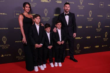 Inter Miami CF's Argentine forward Lionel Messi (R) and his wife Antonella Roccuzzo (L) pose prior to the 2023 Ballon d'Or France Football award ceremony at the Theatre du Chatelet in Paris on October 30, 2023. (AFP)