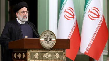 A handout picture provided by the Iranian presidency shows Iran’s President Ebrahim Raisi speaking during a joint press conference with Iraq’s prime minister in Tehran on November 6, 2023. (AFP)
