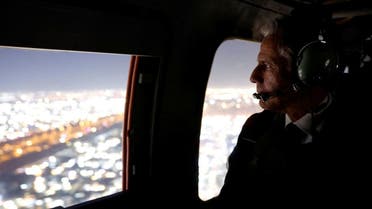 US Secretary of State Antony Blinken departs the International Zone via helicopter after meeting Iraqi Prime Minister Mohammed Shia' Al Sudani in Baghdad, Iraq, November 5, 2023. (Reuters)