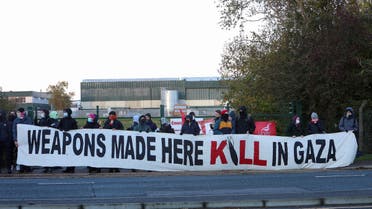 Protestors and trade unionists blockade BAE Systems Rochester, during a protest in support of Palestinians in Gaza in Rochester, Kent, Britain, November 10, 2023. (Reuters)