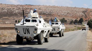 Members of the United Nations peacekeepers (UNIFIL) patrol in Marjayoun, near the border with Israel, in southern Lebanon, on October 13, 2023. (Reuters)