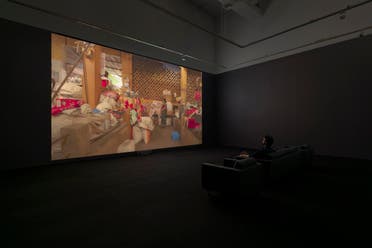 Sudarshan Shetty, Installation view of One Life Many (2022). Single channel video, 30:21 minutes. Shown in Only Life, Myriad Places: Sudarshan Shetty at Ishara Art Foundation, 2023. (Image courtesy Ishara Art Foundation and the artist. Photo by Ismail Noor/Seeing Things)