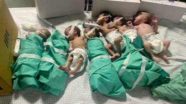 Newborns are placed in bed after being taken off incubators in Gaza’s Al-Shifa hospital after power outage, amid the ongoing conflict between Israel and the Palestinian group Hamas, in Gaza City, Gaza November 12, 2023 in this still image obtained by Reuters. (Reuters)