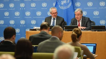 United Nations Secretary General Antonio Guterres with Stephane Dujarric (L), Spokesman for the Secretary General speaks during a press briefing at United Nations Headquarters on February 4, 2020 in New York City. (Photo by Angela Weiss / AFP)
