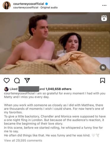 Friends star Courteney Cox takes to Instagram to paid tribute to late co-star Matthew Perry who passed away in October at the age of 54. (X)