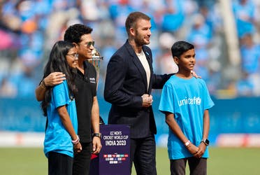 Former England footballer David Beckham and former India cricketer Sachin Tendulkar with children from UNICEF ICC Cricket 4 Good event before the during the ICC Cricket World Cup 2023 semi-final at the Wankhede Stadium, Mumbai, India, on November 15, 2023. (Reuters) 
