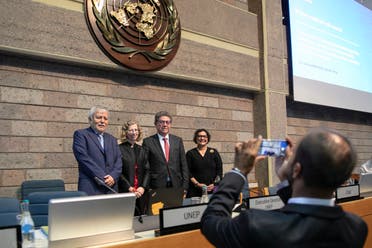 Executive director of the United Nations Environment Programme (UNEP) Inger Andersen (2nd L), Chairman of the Intergovernmental Negotiating Committee on Plastic Pollution (INC) Gustavo Meza-Cuadra (2nd R) and Executive Secretary of the Intergovernmental Negotiating Committee on Plastic Pollution (INC) Jyoti Mathur-Filipp (R) pose for a photo during a break in the closing plenary of the Third session of the Intergovernmental Negotiating Committee on Plastic Pollution (INC-3) at the United Nations Office (UNON) in Nairobi on November 19, 2023. (AFP)