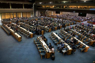 Delegates attend a plenary meeting on the final day of the Third session of the Intergovernmental Negotiating Committee on Plastic Pollution (INC-3) day at the United Nations Office (UNON) in Nairobi on November 19, 2023. (AFP)