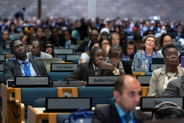 Delegates attend a plenary meeting on the final day of the Third session of the Intergovernmental Negotiating Committee on Plastic Pollution (INC-3) at the United Nations Office (UNON) in Nairobi on November 19, 2023. (AFP)