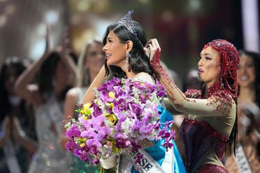 Miss Universe 2022 R'Bonney Gabriel adjusts the crown of Miss Nicaragua Sheynnis Palacios, after being crowned the new Miss Universe at the 72nd Miss Universe Beauty Pageant in San Salvador, El Salvador, Saturday, Nov. 18, 2023. (AP)