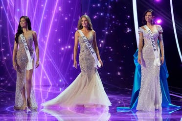 Miss Thailand Anntonia Porsild, from left, Miss Australia Moraya Wilson and Miss Nicaragua Sheynnis Palacios, react after being named the final three contestants during the 72nd Miss Universe pageant, in San Salvador, El Salvador, Saturday, Nov. 18, 2023. (AP)
