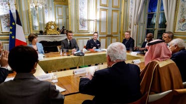 French President Emmanuel Macron (2nd L), French Foreign and European Affairs Minister Catherine Colonna (L) and Chief of the Military Staff of the President of the Republic Fabien Mandon (3rd L) attend a meeting with foreign ministers from major Arab and majority-Muslim countries to discuss the situation in the Middle East, amid the Israel-Hamas war, at the Elysee Palace, on November 22, 2023. (AFP)