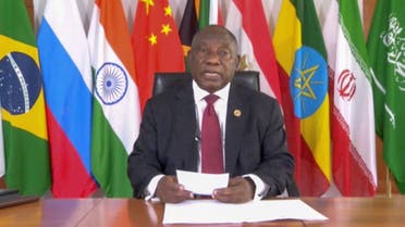 In this image made from video supplied by South Africa's Presidency, South African President Cyril Ramaphosa addresses BRICS leaders for a virtual meeting of leaders of developing countries Tuesday, Nov. 21, 2023. (AP)