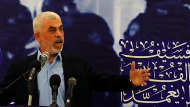 Yahya Sinwar, head of Hamas in Gaza, delivers a speech during a meeting with people at a hall on the sea side of Gaza City, Saturday, April 30, 2022. (AP Photo/Adel Hana)
