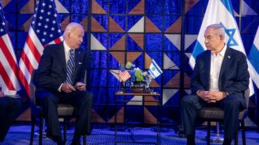 U.S. President Joe Biden, center left, meets with Israeli Prime Minister Benjamin Netanyahu, right, to discuss the the war between Israel and Hamas, in Tel Aviv, Israel, Wednesday, Oct. 18, 2023. At left, U.S. Secretary of State Antony Blinken. (Miriam Alster/Pool Photo via AP)