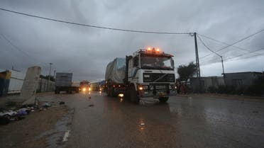 Humanitarian aid trucks arrive in Rafah, Gaza Strip, on Monday, Nov. 27, 2023, on the fourth day of the temporary ceasefire between Hamas and Israel (AP Photo/Hatem Ali)