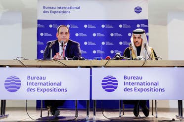 Secretary General of the Bureau International des Expositions (BIE) Dimitri Kerkentzes and Saudi Arabia’s Foreign Minister Prince Faisal bin Farhan hold a press conference, at the Palais des Congres in Issy-les-Moulineaux, Paris’ suburb, on November 28, 2023, following the announcement of Saudi Arabia’s Royal Commission for Riyadh City winning the host of the 2030 World Expo. (AFP)
