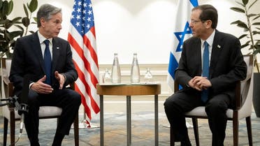Israel's President Isaac Herzog and U.S. Secretary of State Antony Blinken hold a meeting in Tel Aviv, Israel on November 30, 2023, following the announcement of an extension of the truce between Israel and Hamas just before it was due to expire. SAUL LOEB/Pool via REUTERS
