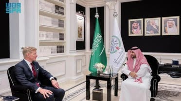Saudi Arabia’s Minister of Defense Prince Khalid bin Salman meets with UN Special Envoy to Yemen Hans Grundberg. (SPA)